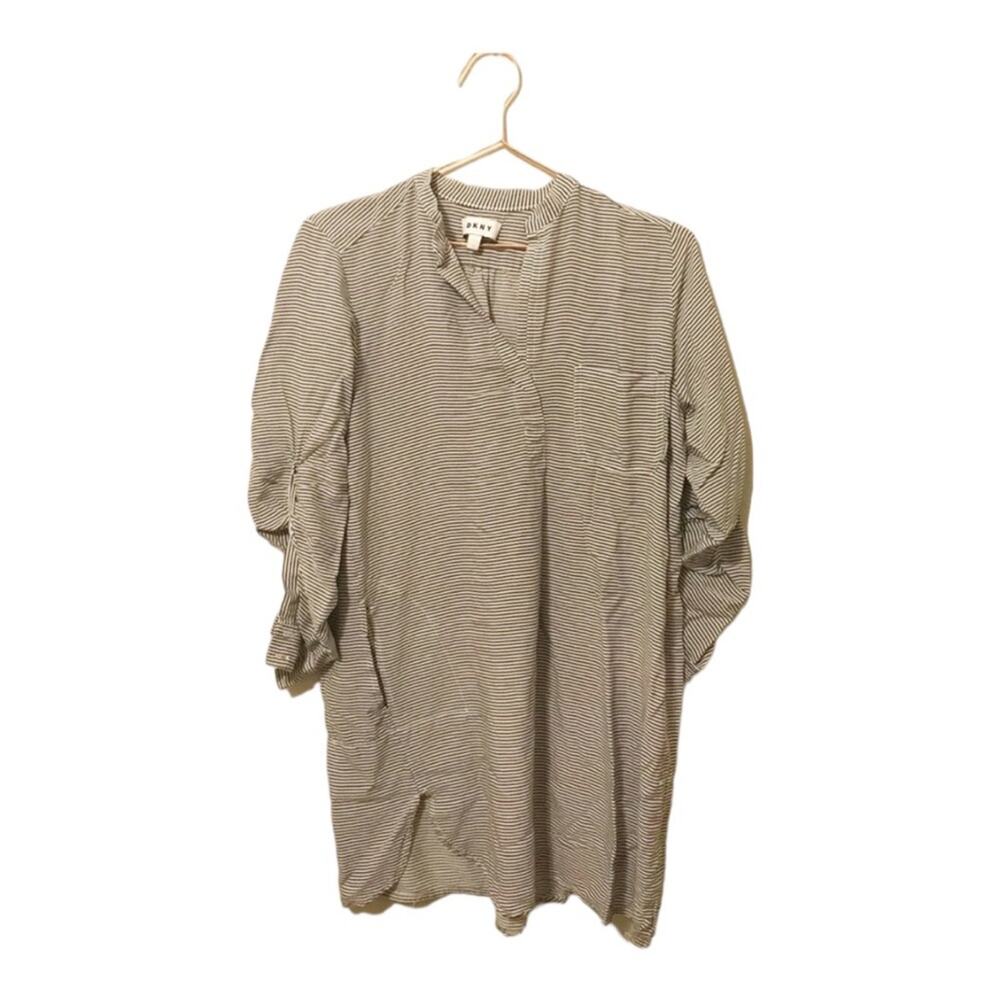 DKNY shirt dress tunic dark gray striped with pockets size small